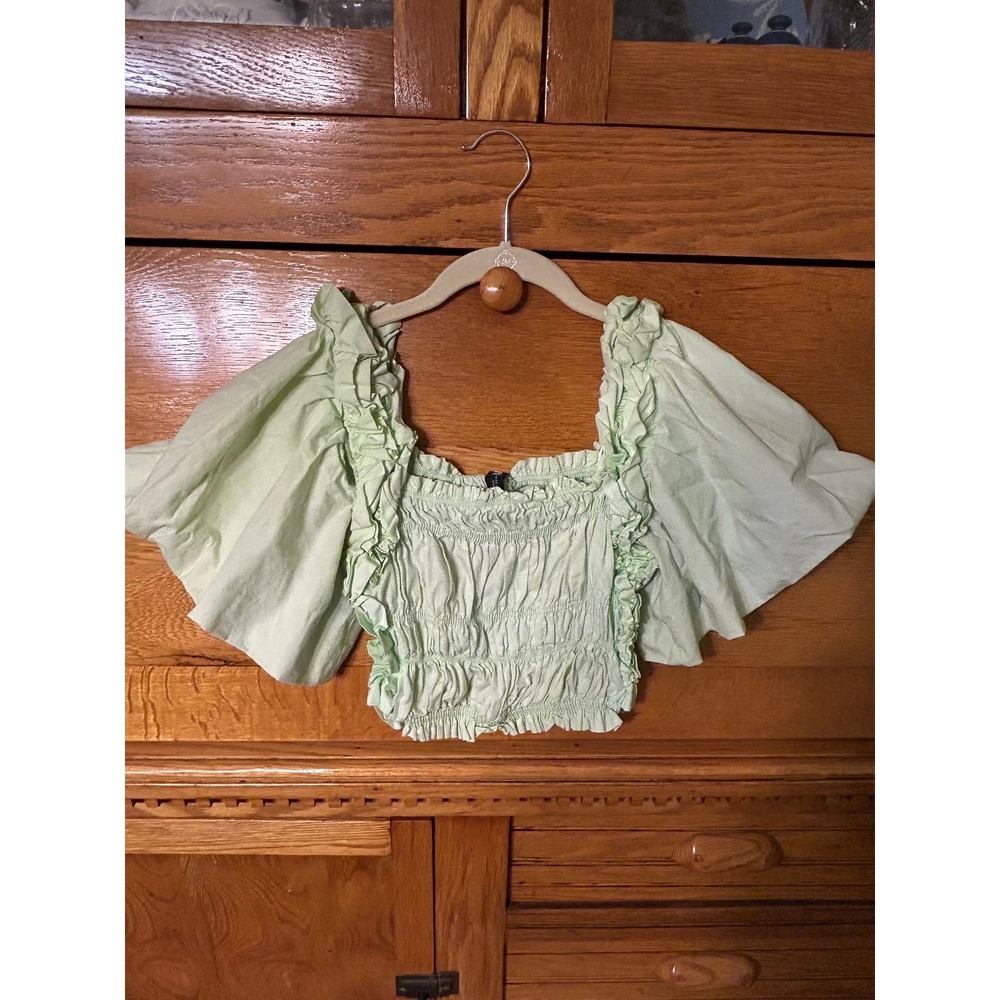 Zara Womens Smocked Puff Sleeve Crop Top Mint Green Ruffle Square Neck XS - Picture 2 of 9